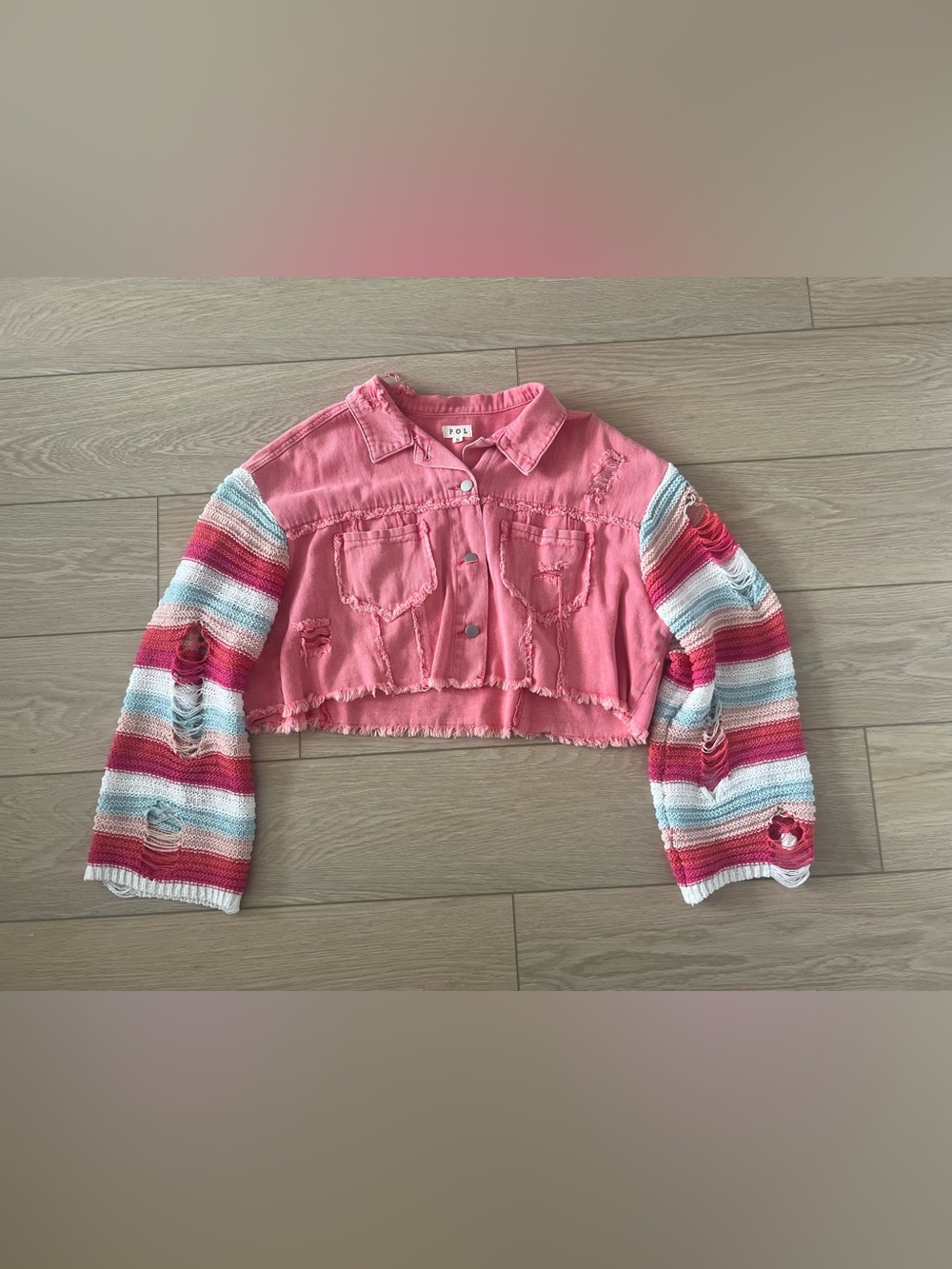 POL pink distressed cropped boho crochet jean jacket